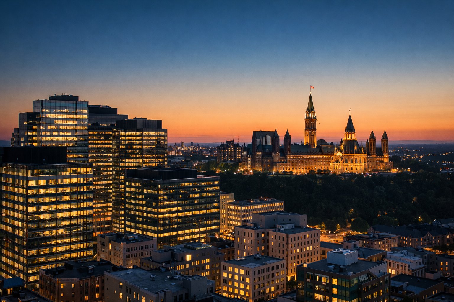 Ottawa at dusk with Parliament Hill